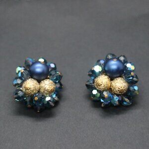 Rare 1950's Vintage Blue and Gold Cluster Beaded Clip On Costume Earrings